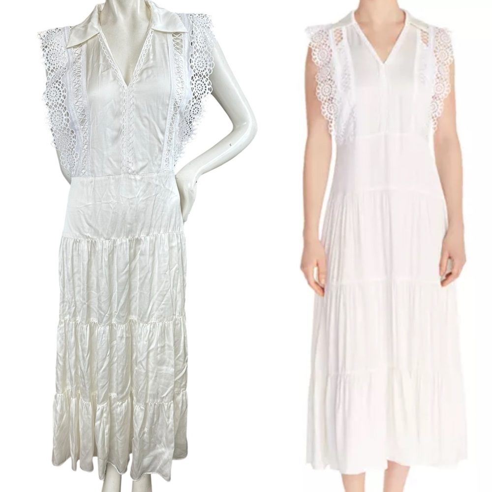 Sandro Maxime Tiered Lace Inset Cream Romance Cottage Maxi Dress Size EU 38 US 6